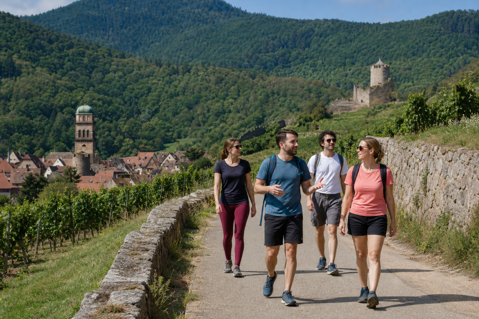Marche en groupe dans les vignes autour de Kaysersberg